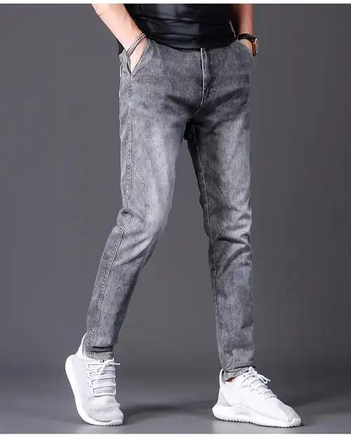 范莉泰烟灰色牛仔裤男修身小脚韩版潮流时尚百搭高端潮牌简约男士休闲