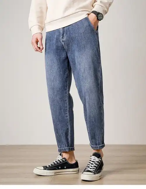 春季新品男式牛仔休闲萝卜裤贴袋男士宽松百搭哈伦裤长裤 蓝色 36