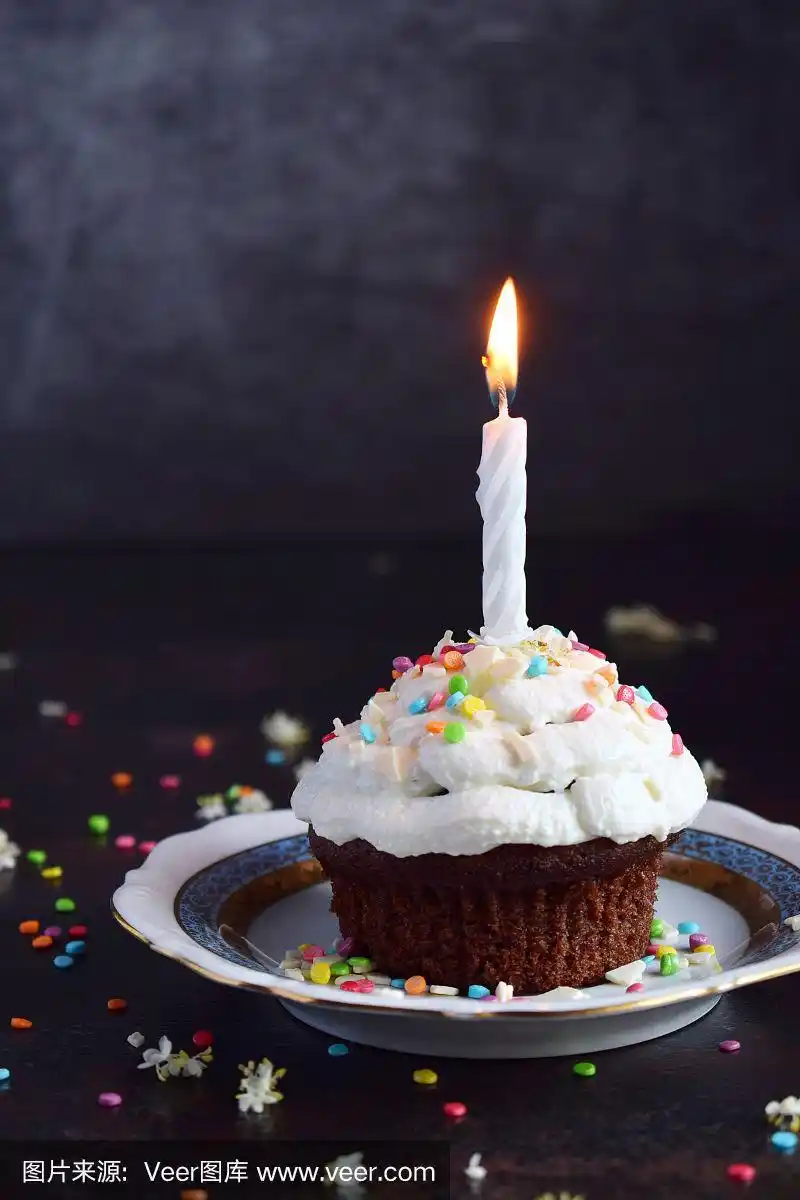 巧克力蛋糕加香草奶油和蜡烛.生日快乐.黑暗的照片.