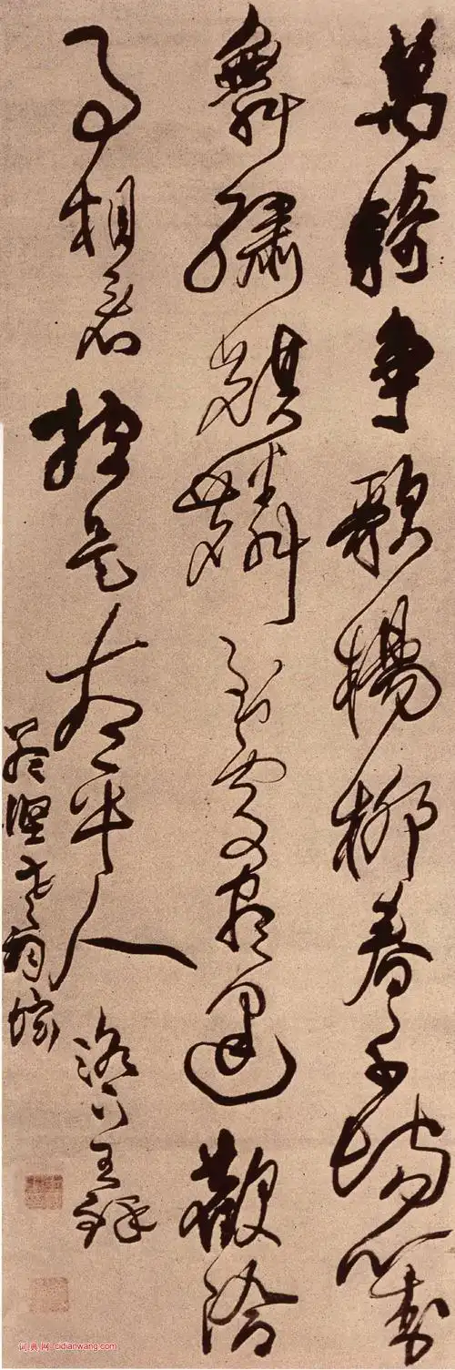 王铎《草书高适七绝万骑争歌杨柳春诗立轴》