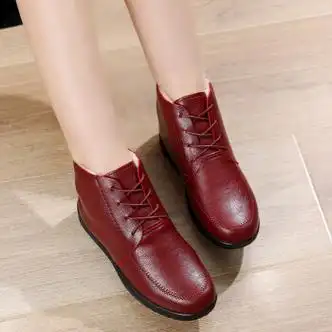 鞋冬季棉鞋加绒保暖中老年女鞋平底防滑老人皮鞋中年系带短靴红色37