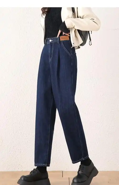 丹宁色牛仔哈伦裤女2024春秋新款高腰修身显瘦直筒休闲老爹裤子 - 17