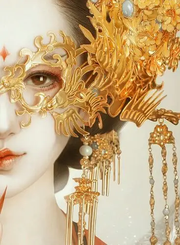 【半面妆】 当你有幸遇到一位身穿红衣  且脸上有半块金缠枝花纹面具