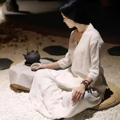 中式禅修服棉麻汉服白色打坐禅服瑜伽服气质风茶道服女套装夏