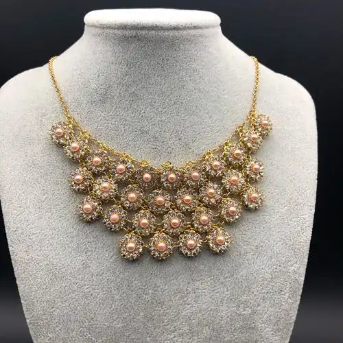 欧美外贸多层珍珠项链水钻花朵超闪短款毛衣项链