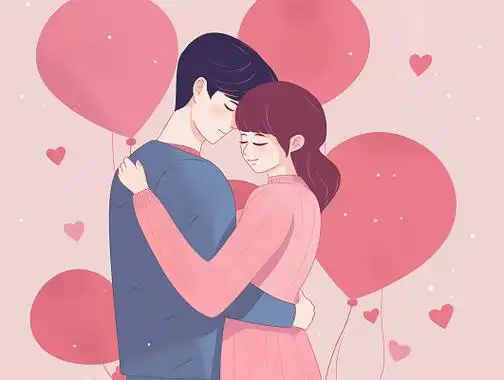 情侣浪漫拥抱甜蜜氛围七夕情人节粉色手绘扁平人物插画唯美粉色气球