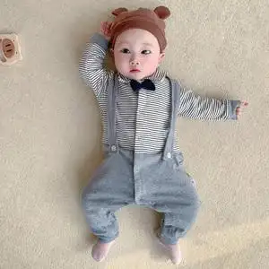 婴儿连体衣服春秋装新生0-12个月男宝宝假背带裤套装绅士领结爬服