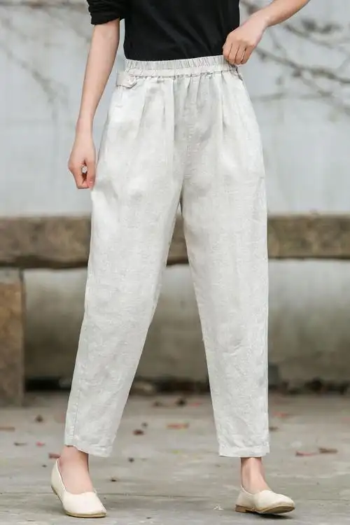 亚麻裤子女高端棉麻2022年新款夏薄款宽松白色显瘦九分萝卜哈伦裤