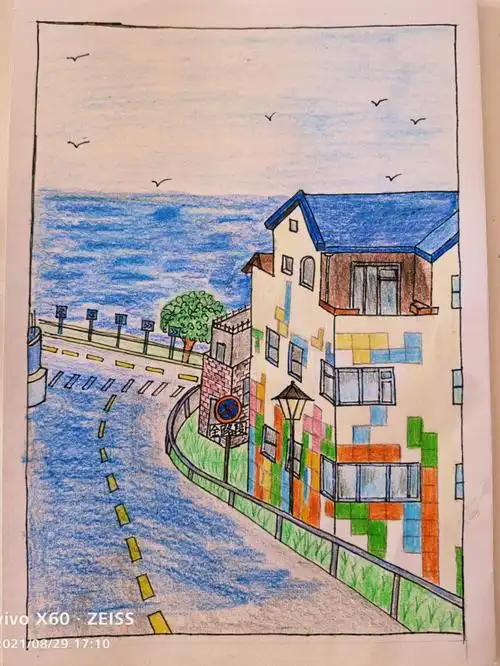 彩铅画海湾风景