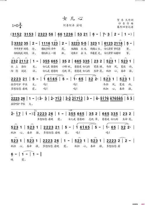 女儿心阿鲁阿卓演唱简谱-阿鲁阿卓演唱-贺东久/印青词曲1