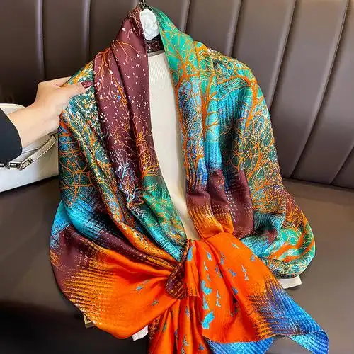 长丝巾女纱巾春秋款仿真丝围巾外搭大披肩两用妈妈护颈围脖-阿里巴巴