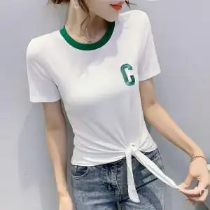 女装2022新款潮下摆打结t恤女短袖夏个性绑带上衣ins高腰短款体恤