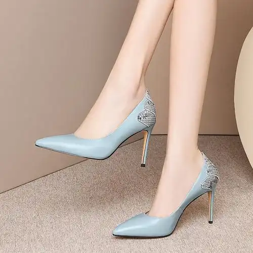 高跟鞋女士细跟单鞋2020春秋季新款尖头女鞋优雅蓝色浅口真皮鞋子