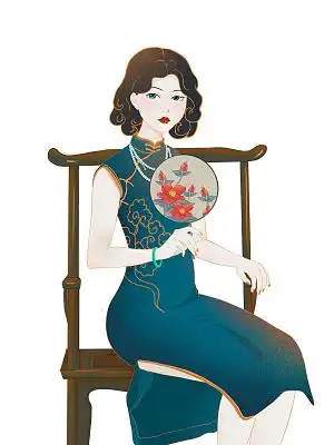 彩色手绘国潮中国风旗袍人物美女元素png素材