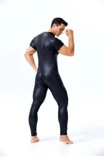 欧美性感男士漆皮紧身连体衣双拉链头开裆夜店舞台ds演出服短袖装
