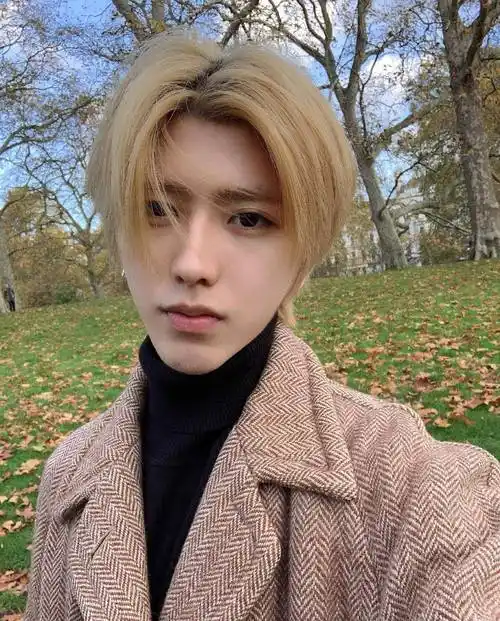 依旧是蔡徐坤标志性的三七分刘海,是很有造型感的短发,砂金色的靓丽发