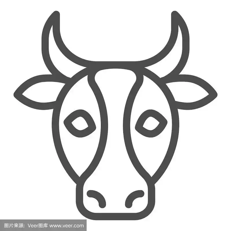 牛,牛头线图标.农场动物的脸剪影,看着你.