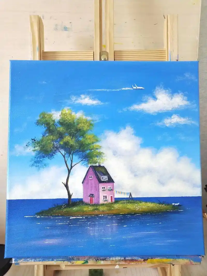 丙烯风景画   #手绘丙烯画-美丽的小岛 如果让你独自在这 - 抖音