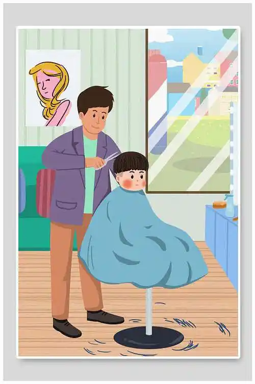 创意卡通大气理发店龙抬头插画