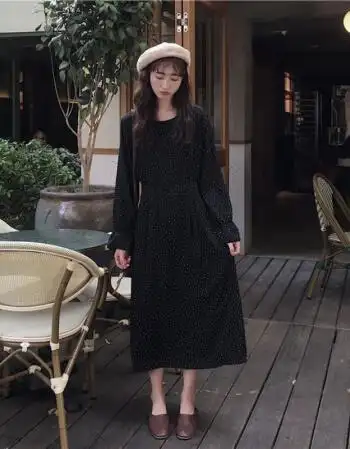 女装韩版森女系冷淡风长裙复古波点中长款收腰显瘦长袖连衣裙 黑色