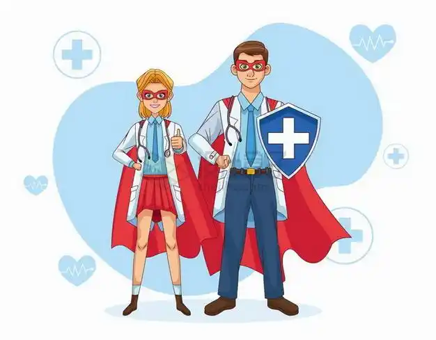 两个卡通医生身穿超人服象征了疫情下医生都是英雄png图片免抠矢量