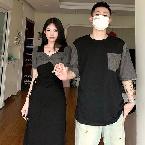 2023夏季新款情侣装短袖t恤男连衣裙一裙一衣小众设计感气质roora