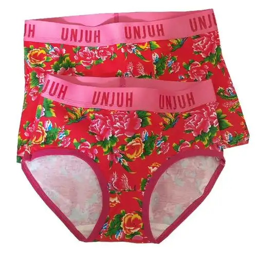 情侣内裤纯棉男生平角女士三角中腰透气印花东北大花本命年红色龙