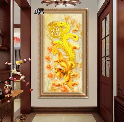 百鸟朝凤玄关画玄关装饰挂画现代入户风水竖版免打孔简约中欧式凤凰