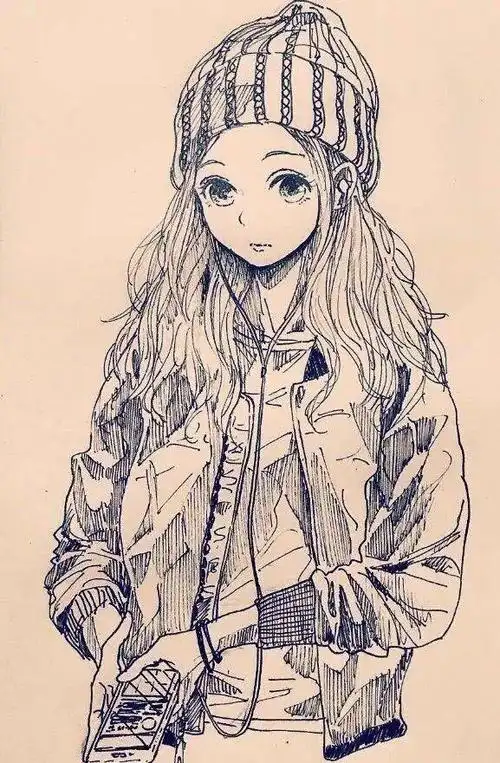 黑白手绘插画,超可爱的动漫女孩,萌萌哒!