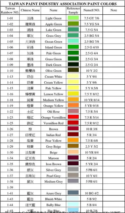 台湾油漆工会色表