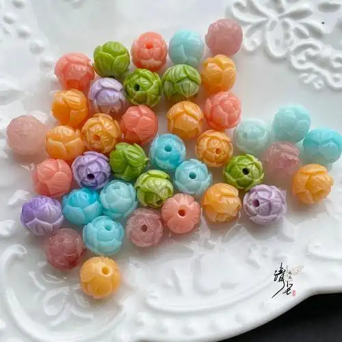 珊瑚石粉10mm莲花珠七彩多宝手链项链毛衣链散珠串珠diy饰品配件