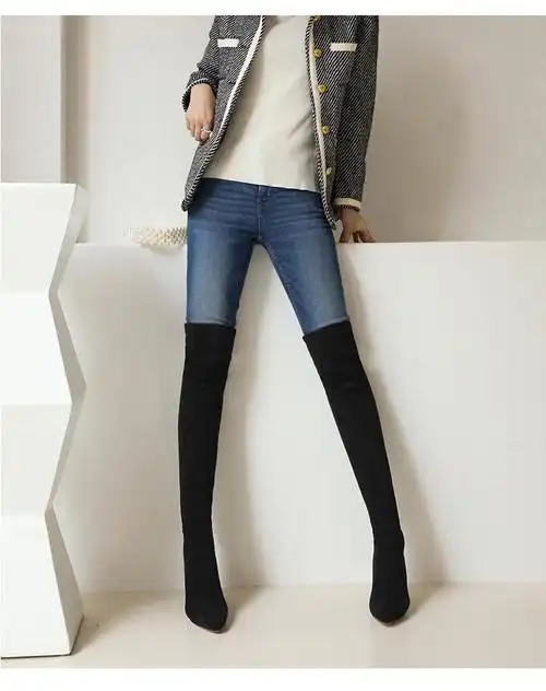 长筒过膝超长大腿靴女王尖头细跟性感高跟弹力秋冬靴大码长靴 米白色