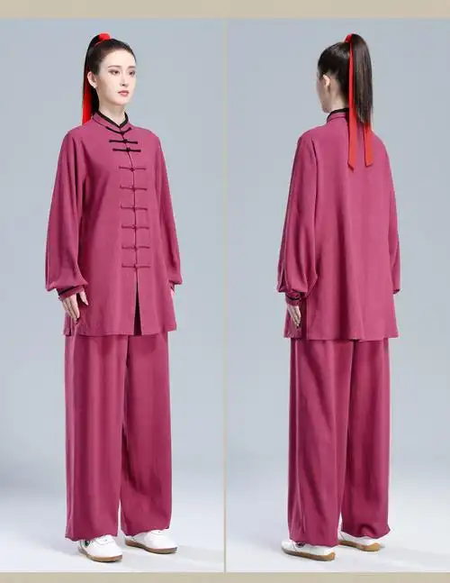 春秋季加厚太极服女士多色棉麻中国风太极拳武术表演练功服 玫瑰红 s