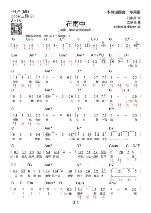 在雨中(电影《乘风破浪》宣传曲 四合一吉他谱 木棉道琴行)