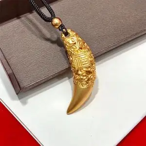 古法金吊坠男款黄金虎牙坠子挂绳实心999足金挂坠生日送男友礼物