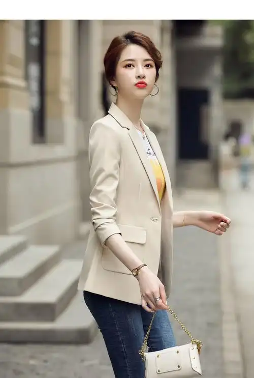 艳如飞米色西装外套女小个子春秋韩国休闲短款上衣修身气质女范小西服