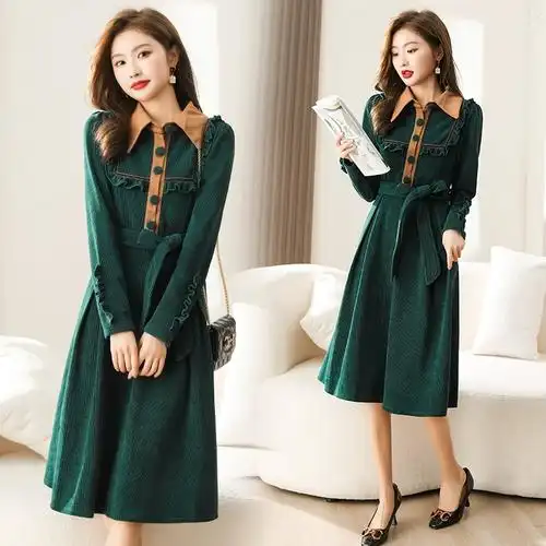 新款女装气质优雅韩版简约香风连衣裙送腰带拼接木耳边翻领长裙