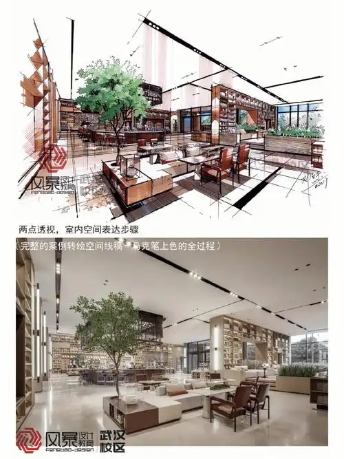 环艺考研两点透视室内手绘步骤图