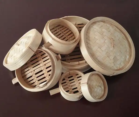 带手柄竹蒸笼屉 开店商用高脚浅笼 竹制扶手蒸屉小笼包饺子点心竹笼屉