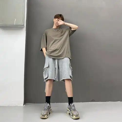 慵懒高街风侃爷工装五分短裤大口口袋宽松吊带休闲裤