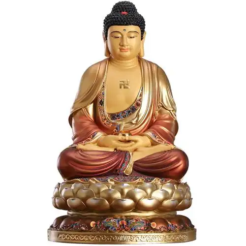 佛像熙曼蒂纯铜彩绘释迦牟尼家用供佛三宝阿弥陀佛药师摆件