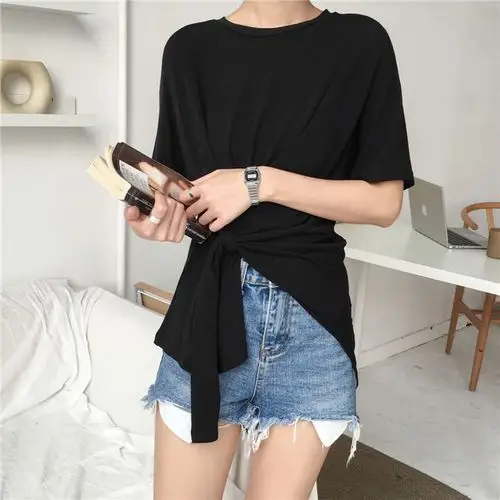 2018夏季新款下摆交叉打结不规则打底衫宽松圆领短袖t恤上衣女装