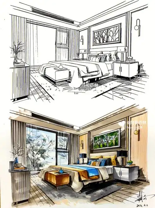 家装卧室空间线稿77马克笔上色