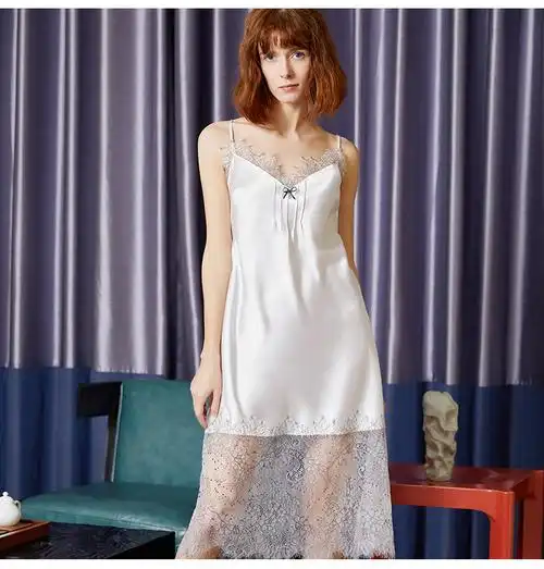 诗贝妮真丝吊带睡裙女100桑蚕丝性感蕾丝睡衣夏季长款重磅丝绸家居服