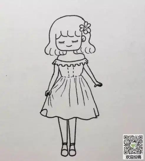 头戴皇冠穿着小裙子的可爱小女生涂色简笔画大全梳着两个长辫子的穿