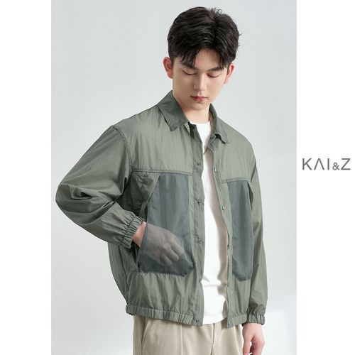 单层薄款防晒衣男夏季外套翻领休闲夹克网眼拼接透气上衣皮肤衣服