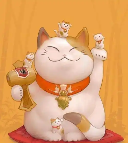 颈部系有金色铃铛,左手举着四季平安,右手举着八方来财,大肚寓意财源