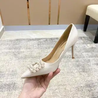 fopvty2023秋季新款尖头白色水钻珍珠扣高跟鞋细跟轻熟宴会婚鞋女ck
