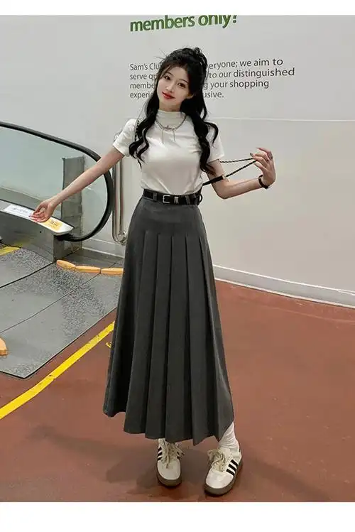 (升级西装面料 腰带款)百褶裙半身裙女春夏新款显瘦裙子中长裙 - 17网