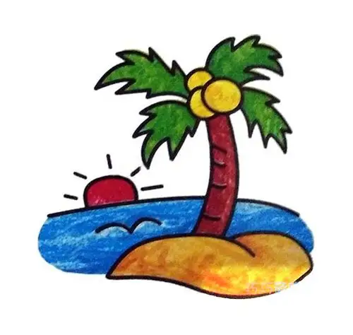 海上日出椰子树的画法简单漂亮涂色 海滩简笔画图片